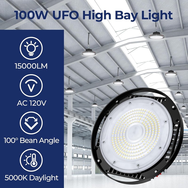 CINOTON 100W UFO LED High Bay Light, Aluminum LED Shop Lights with 15000LM, 5000K Commercial Bay Lighting for Warehouse Garage Workshop Factory Hall, 6' Cable & Safety Rope, ETL Listed 4 Pack - Image 2